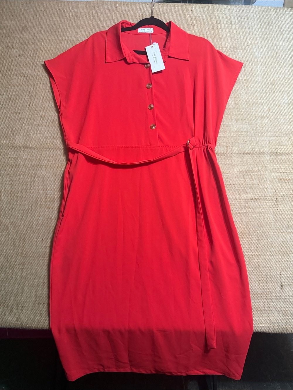 Women’s Red Button-Front Midi Dress with Tie Waist